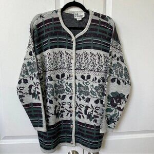 Vintage Mr Edward Wool Blend Floral Long Line Granny Grandpa Cardigan